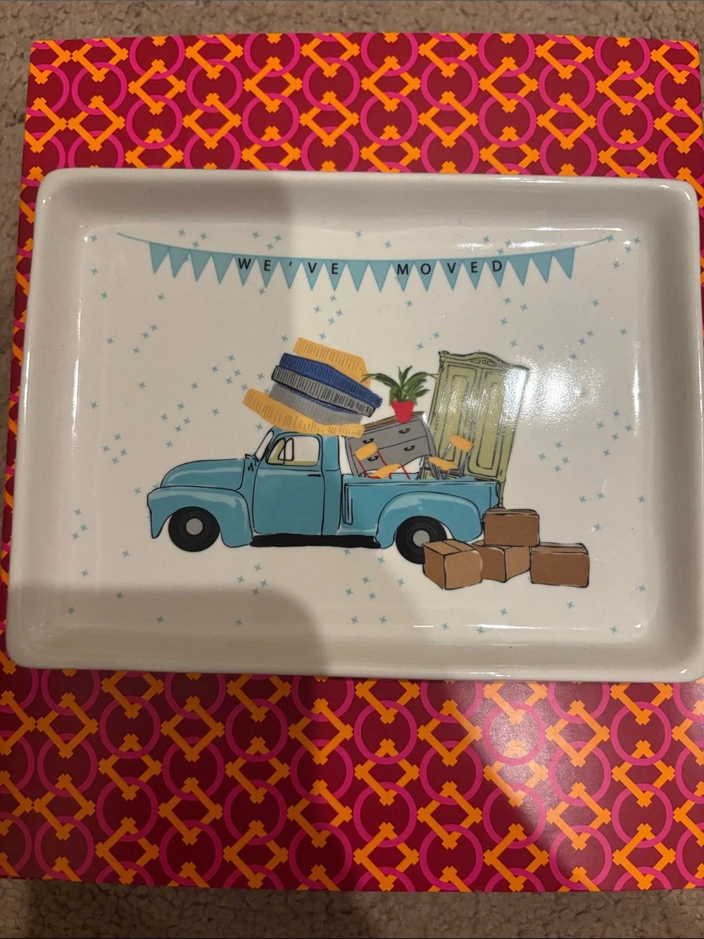 Magenta “we’re moving” Blue Truck Decorative trinket Tray